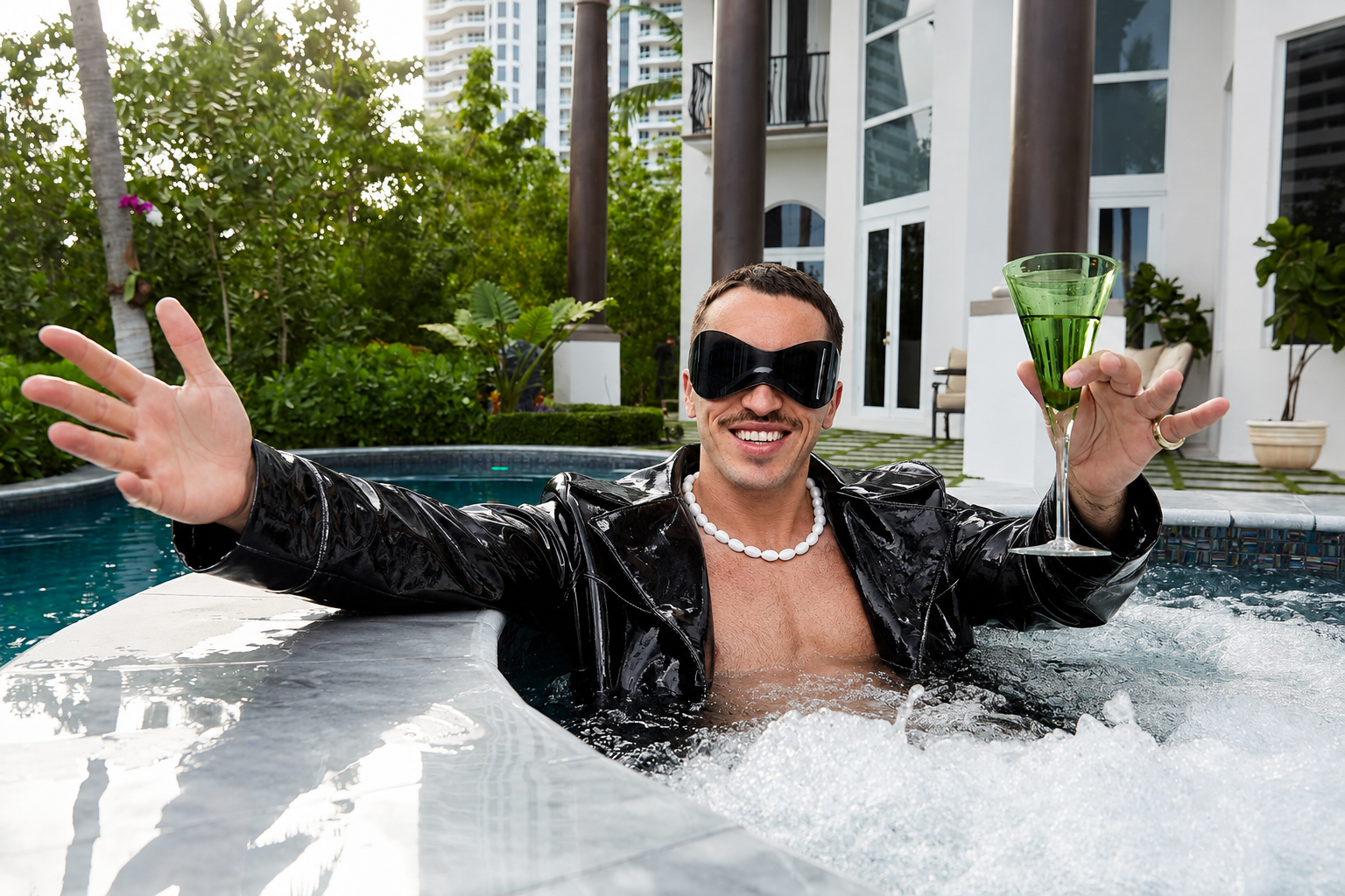 Don Papi in a jacuzzi raising a green cocktail at a Miami villa